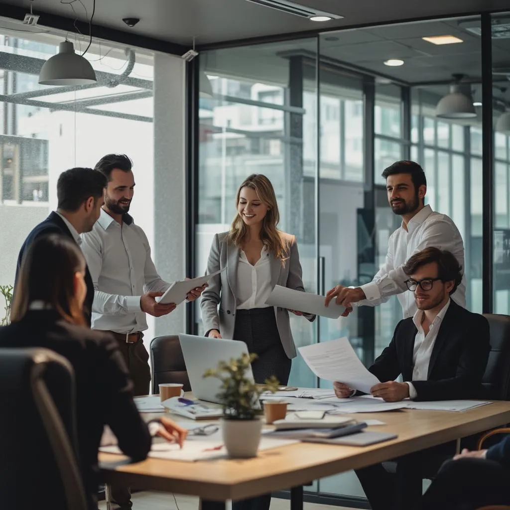 Modern ofis ortamında çalışan danışmanlar